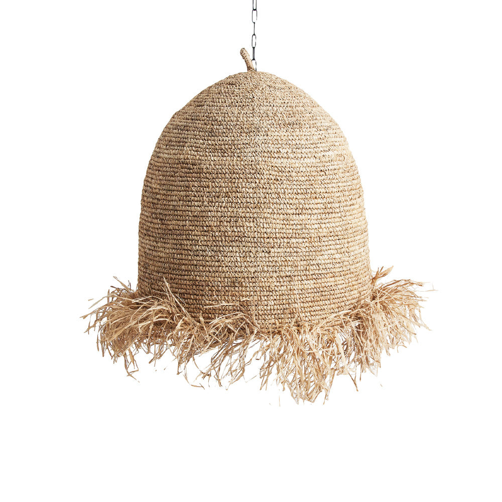 Törzsi ihletésű, kortárs stílusú, natúr színű, raffiából szőtt függeszték lámpa