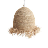 Törzsi ihletésű, kortárs stílusú, natúr színű, raffiából szőtt függeszték lámpa