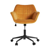 Kortárs stílusú, mustársárga bársonnyal kárpitozott kerekes irodai forgószék.