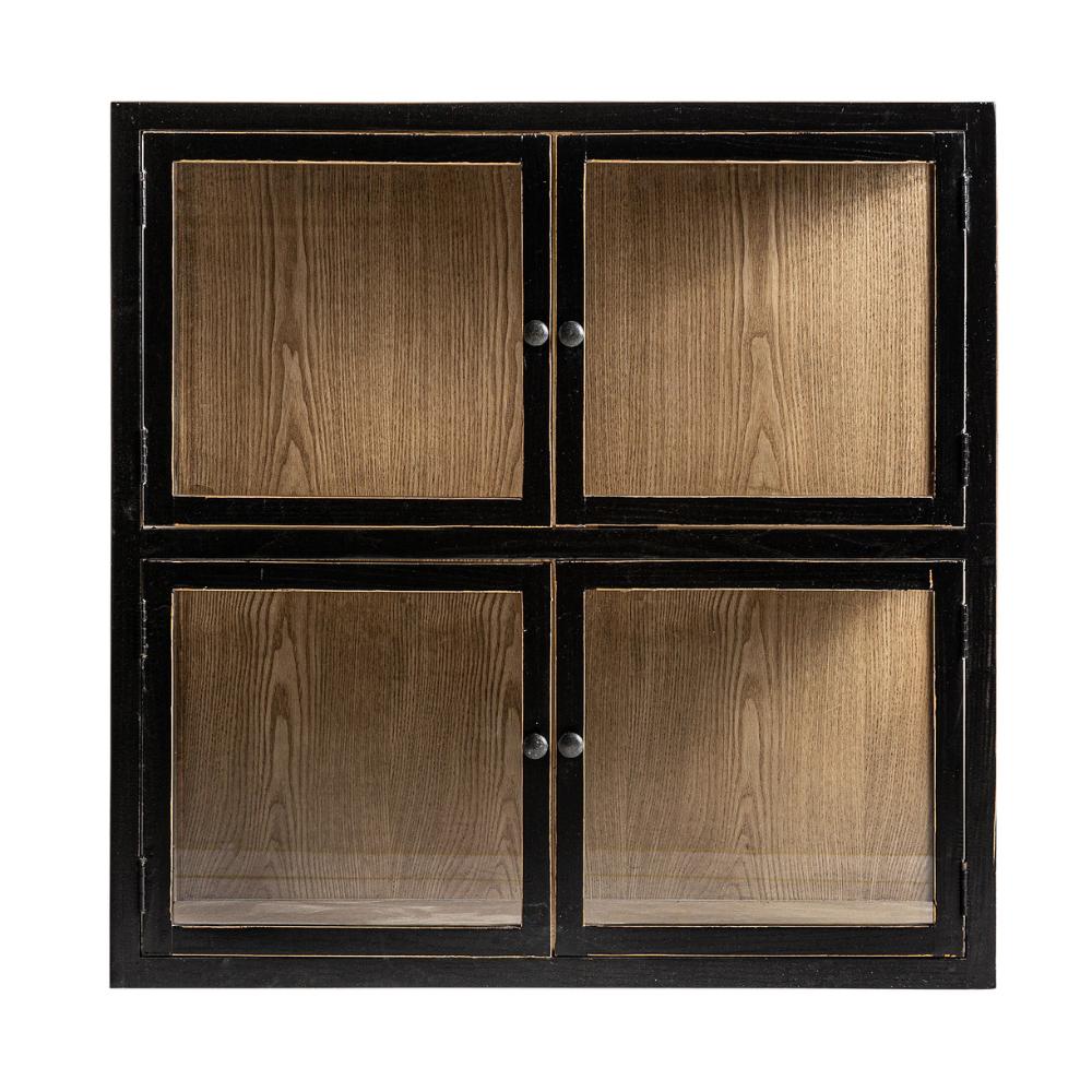 Loft stílusú Hemye vitrines szekrény – frontális nézet, antikolt fekete és natúr szilfa kivitel