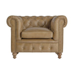 Vintage stílusú, akácfából faragott, barna színű bőrrel kárpitozott Chesterfield fotel.