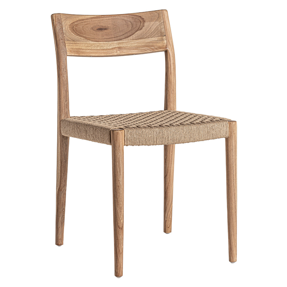 Koloniál stílusú, natúr színű, teakfa étkezőszék kötélből szőtt ülőfelülettel.