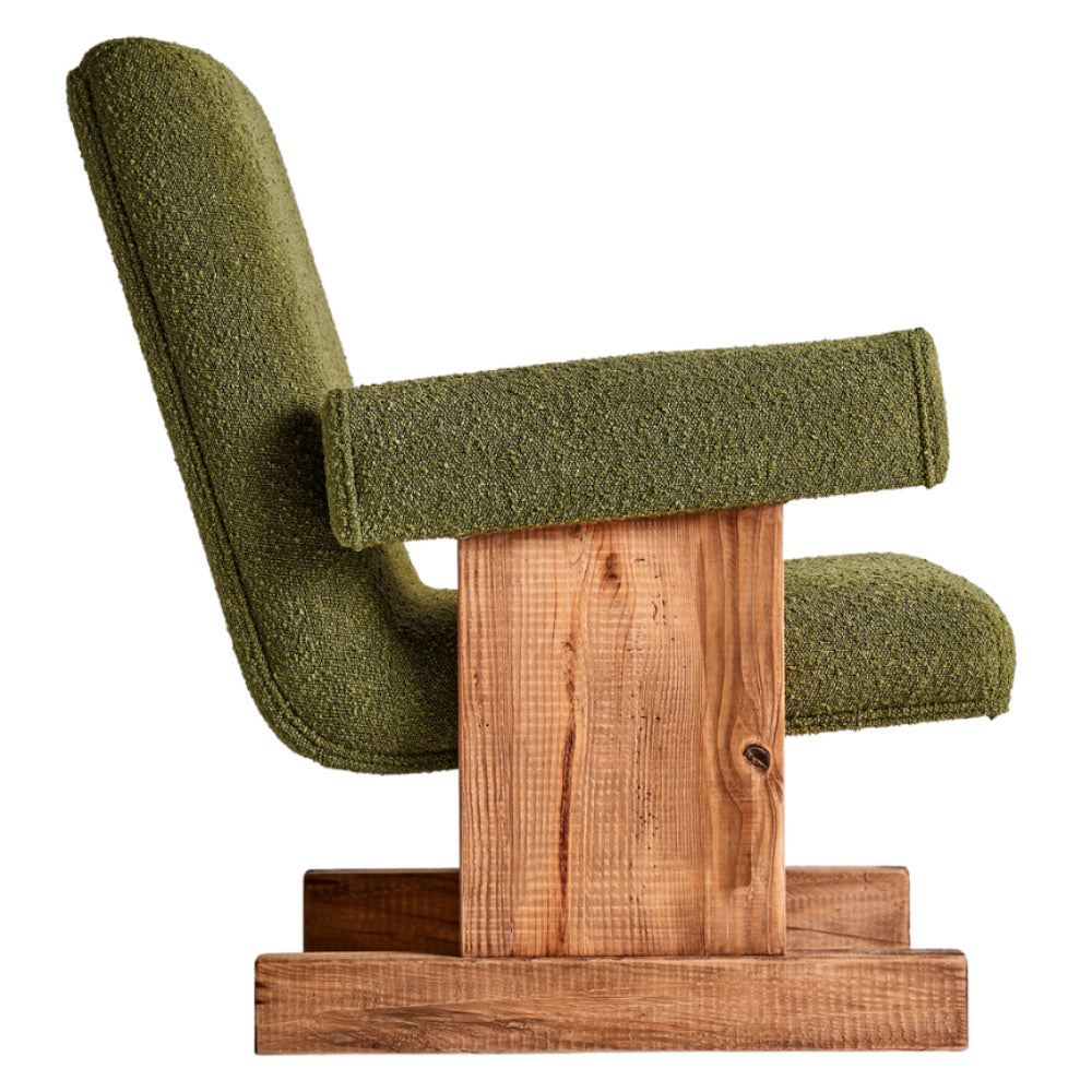 Retró-kortárs stílusú, fenyőfából készült, zöld színű buklé szövettel kárpitozott dizájn fotel