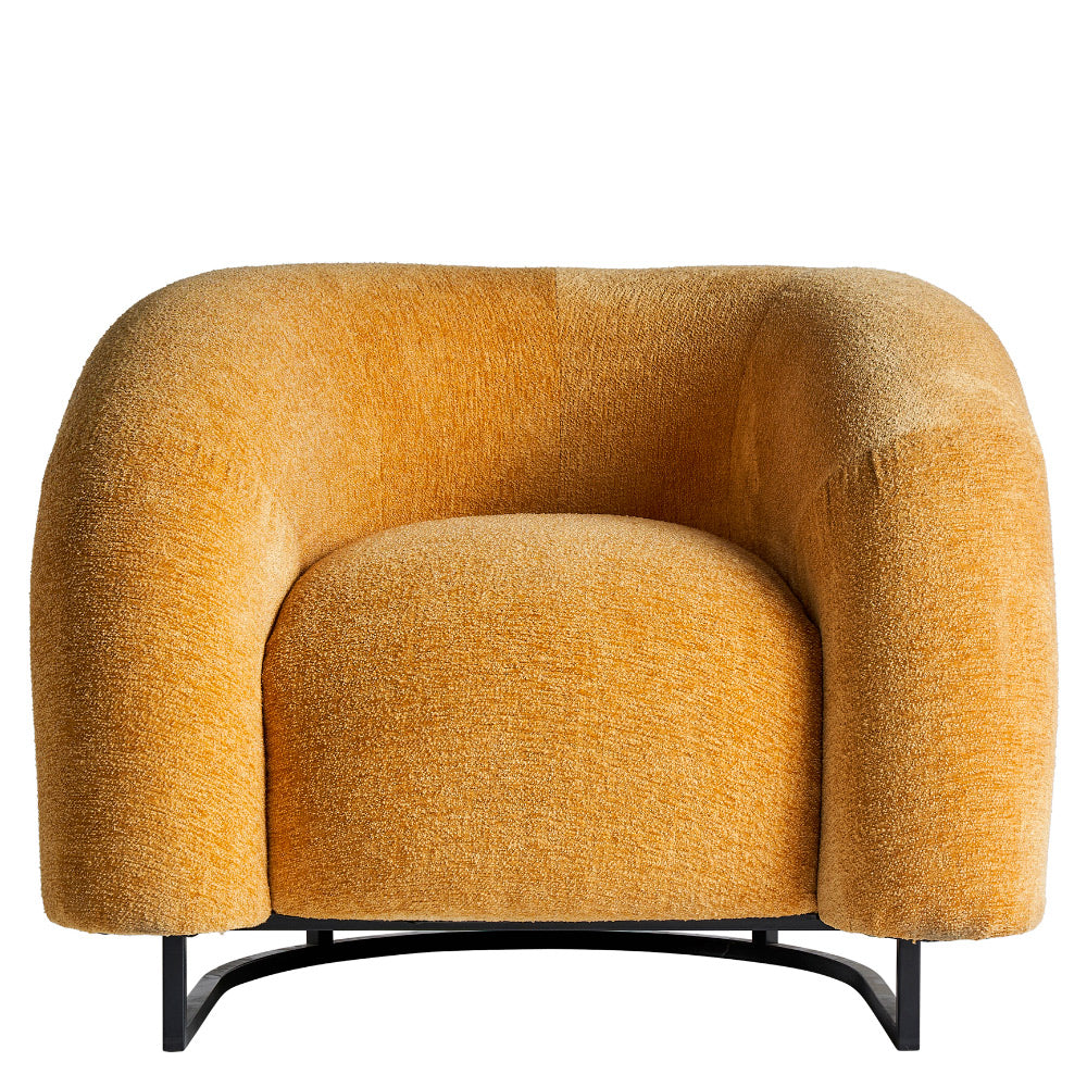 Neo Deco stílusú, mustársárga bársonnyal kárpitozott, dizájn fotel fekete acéllábakkal