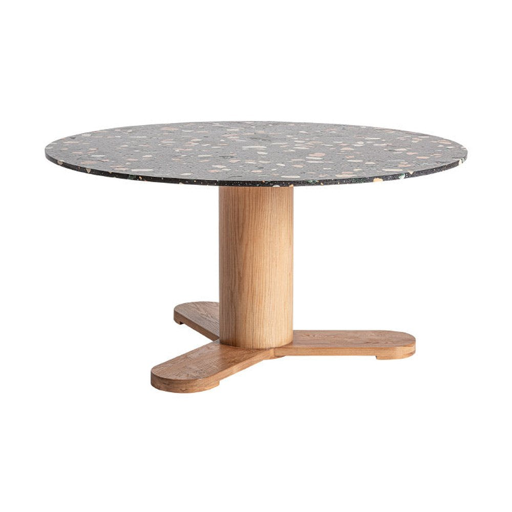 Kortárs stílusú, fenyőfából és tölgyfából készült étkezőasztal kő asztallappal.