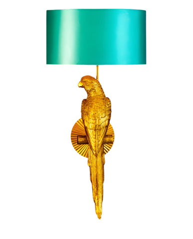 Aranyszínű papagáj figurés, trópusi, glamour stílusú falilámpa, türkizszínű lámpaernyővel.