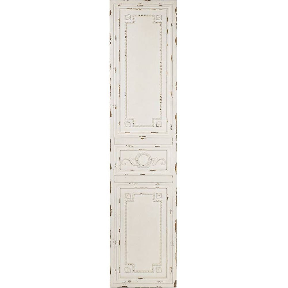 Patinás, antikolt felületű,, kazettákkal és stukkókkal díszített, fenyőfából készült krémszínű falpanel.