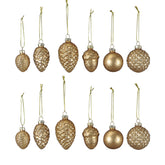 Antique arany üveg karácsonyfadísz szett 12 darabos kiszerelésben, különböző formákkal – gömb, toboz és makk mintákkal.