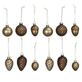 Antique bronz üveg karácsonyfadísz szett 12 darabos kiszerelésben, különböző formákkal – gömb, toboz és makk mintákkal.