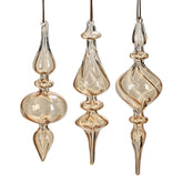 Három darab borostyánsárga, kézzel fújt üveg jégcsap karácsonyfadísz szett, különböző elegáns formákkal.