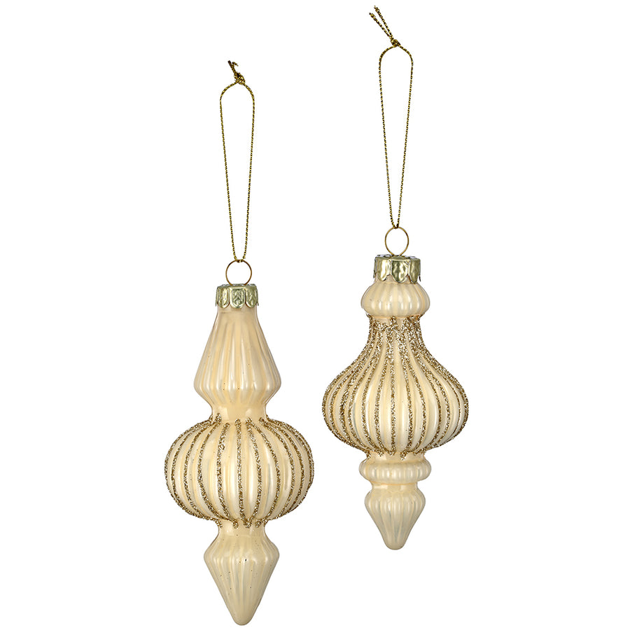 SHINY vaníliaszínű üveg karácsonyfadíszek két különleges hosszúkás ornament formában