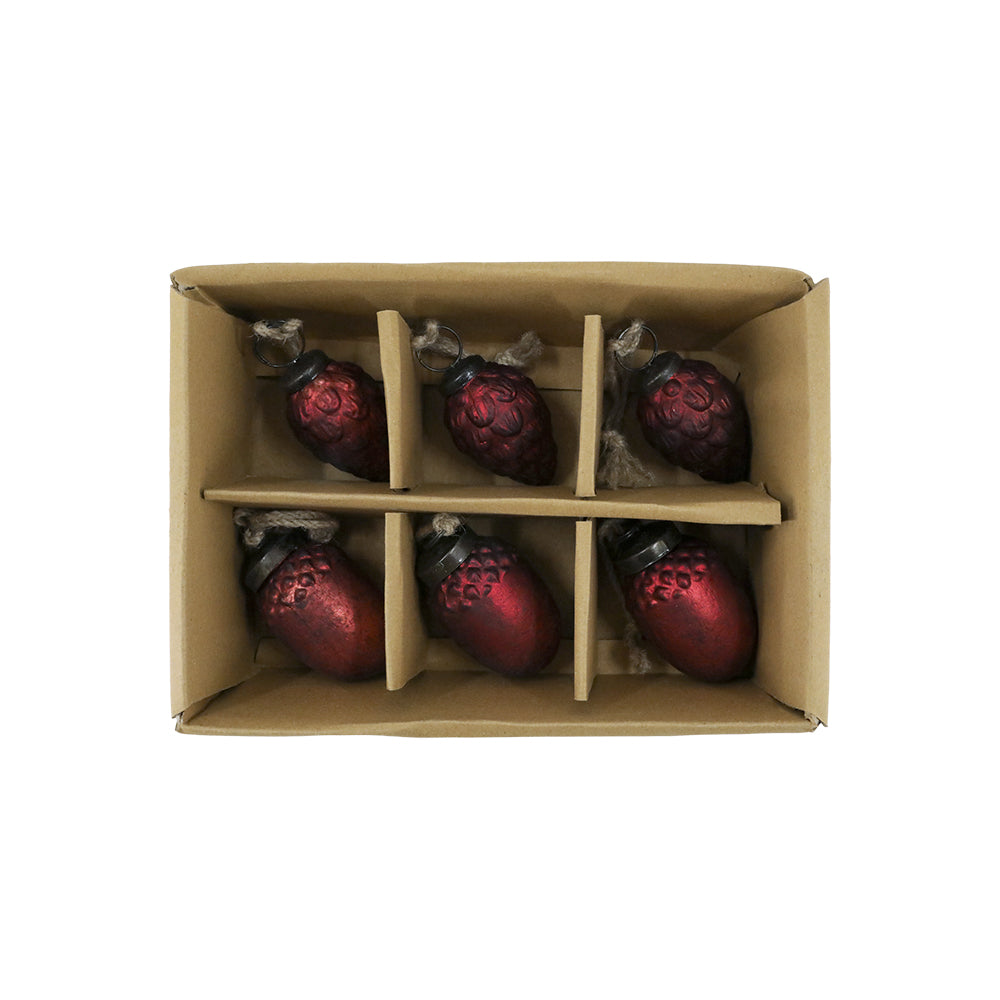 Antik meggybordó üveg karácsonyfadísz szett 6 db-os díszdobozban, kétféle mintázattal