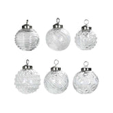 Antique 6 db-os áttetsző üveg karácsonyfadísz szett különböző mintázatú, strukturált felülettel és ezüst akasztóval.