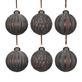 Antique 6 db-os barna üveg karácsonyfadísz szett, bronz árnyalatú, strukturált felületű vintage gömbdíszek.