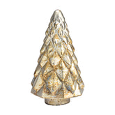 Aranyszínű, üvegből készült fenyőfa dísz.