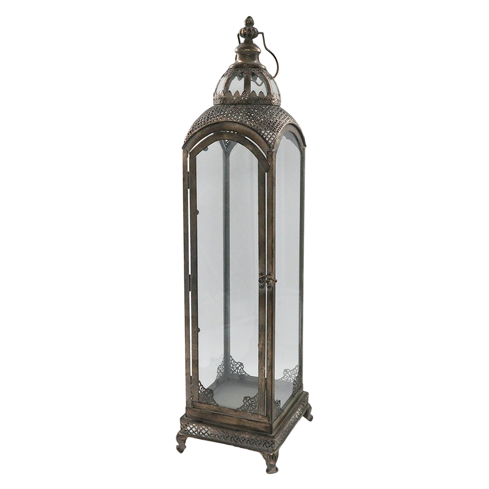 ANTIQUE METALS 81 cm-es antik arany fém lámpás üveg oldalakkal és díszes kupolával