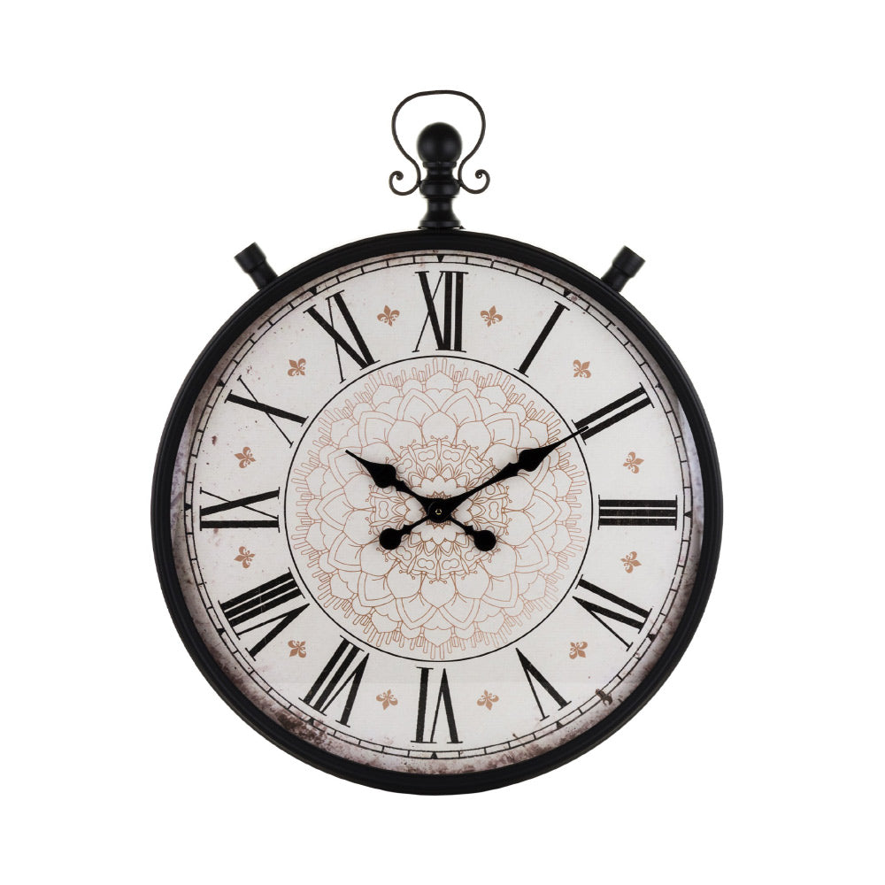 Vintage stílusú, fémből valamint műanyagból készült, fekete és krémszínű falióra.