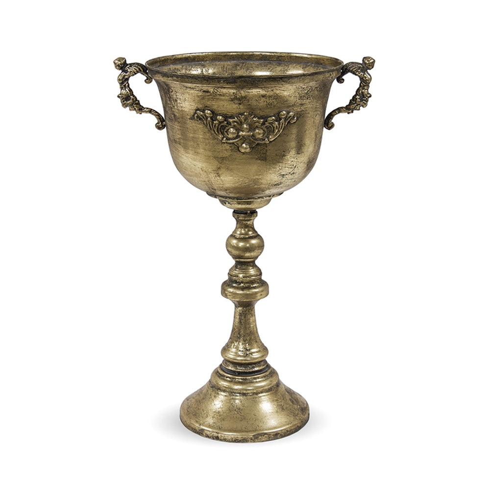 Dekoratív kialakítású, patinás felületű, aranyszínű, fém díszkaspó.