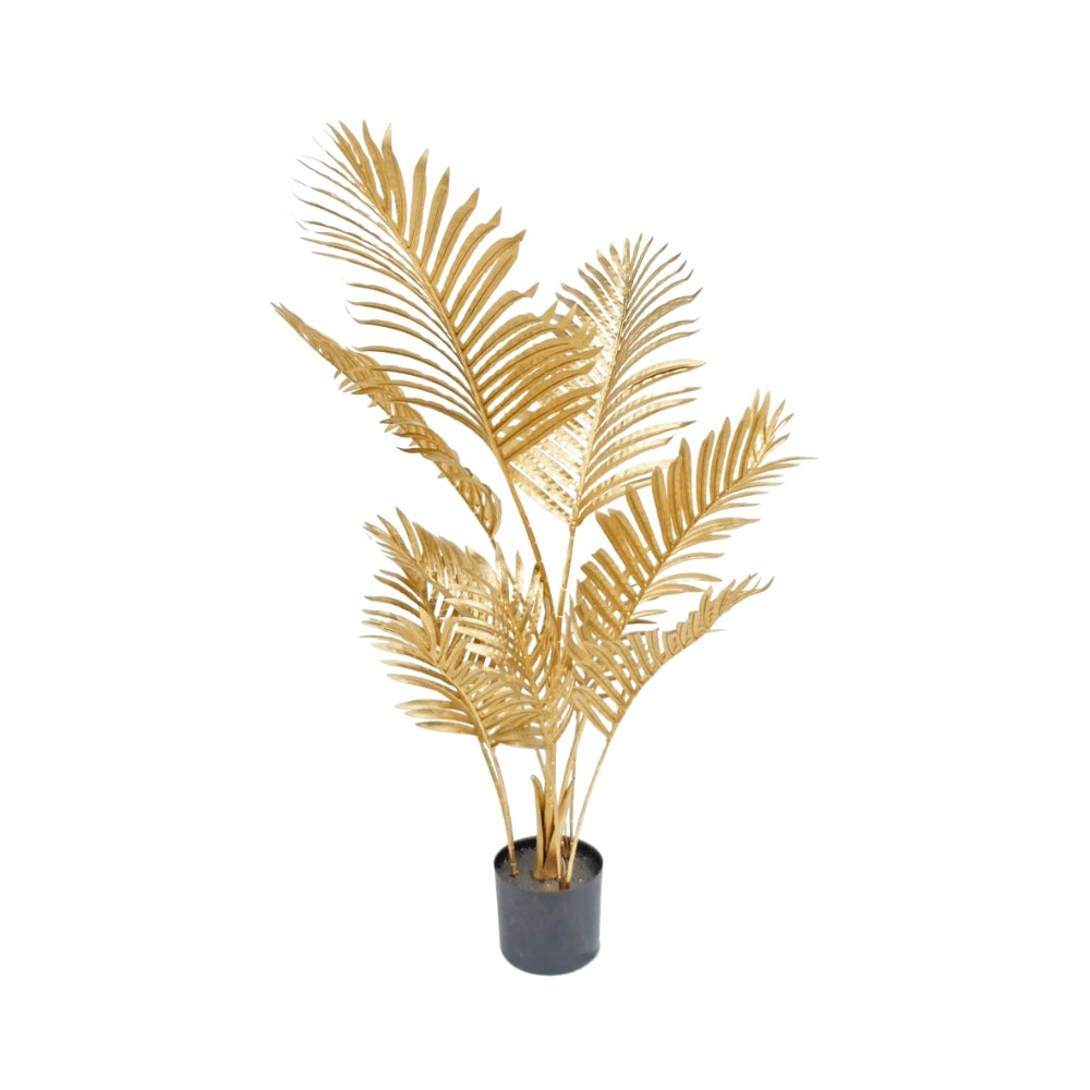ARECA aranyszínű mű aranypálma 120 cm fehér háttér előtt, fekete kaspóban