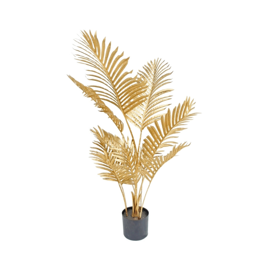 ARECA aranyszínű mű aranypálma 120 cm fehér háttér előtt, fekete kaspóban