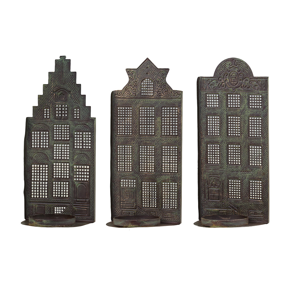 Antik réz fém házikó gyertyatartó szett 3 darabos kiszerelésben, 27 cm magas