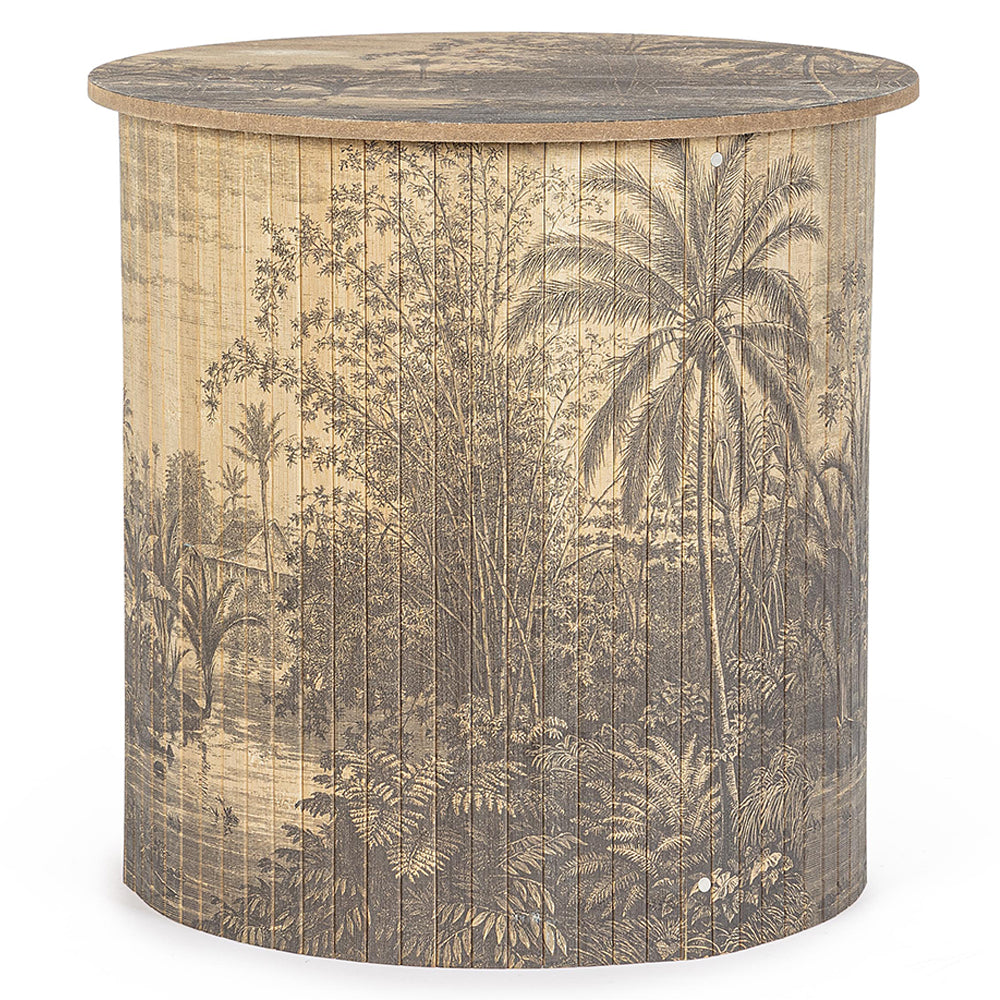 Dzsungelt ábrázoló, bambuszból készült dohányzóasztal.