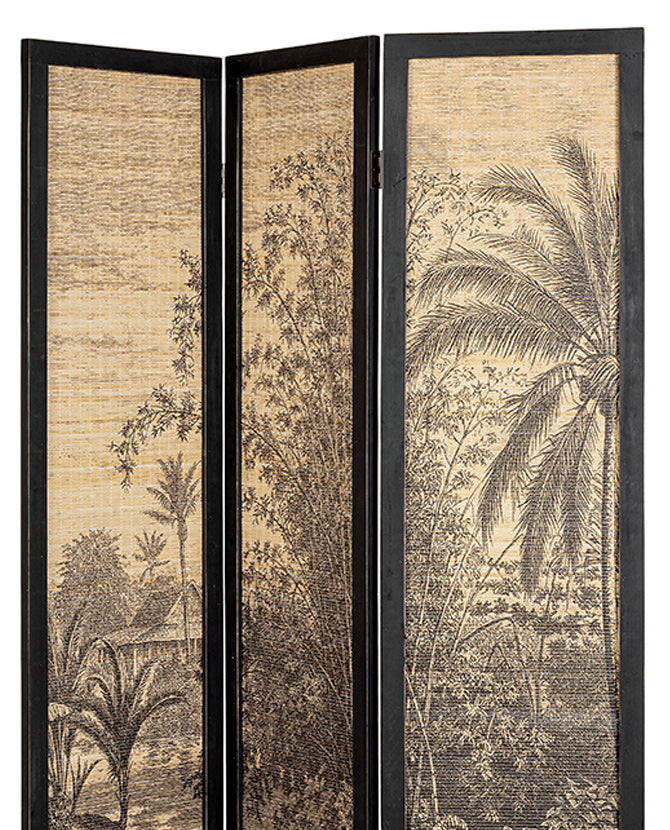 Dzsungelt ábrázoló háromszárnyas bambusz paraván.