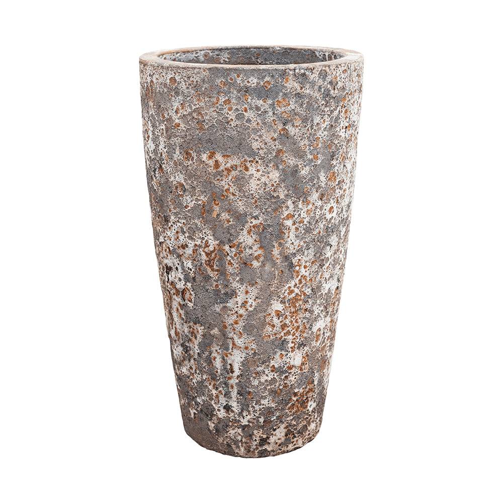 Magas, rusztikus kerámia kaspó rozsdás fémhatással, BAQ Lava kollekció, 85 cm-es méretben