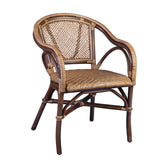 Barna színű, pácolt felületű rattanból készült karfás étkezőszék.