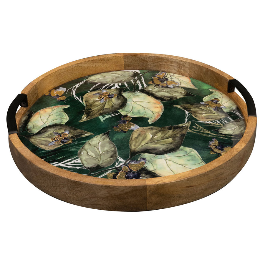 Kerek mangófából készült Bee Green design tálca 35 cm átmérőjű 4 cm magas belső zöld levélmintával és fekete fém fogantyúkkal