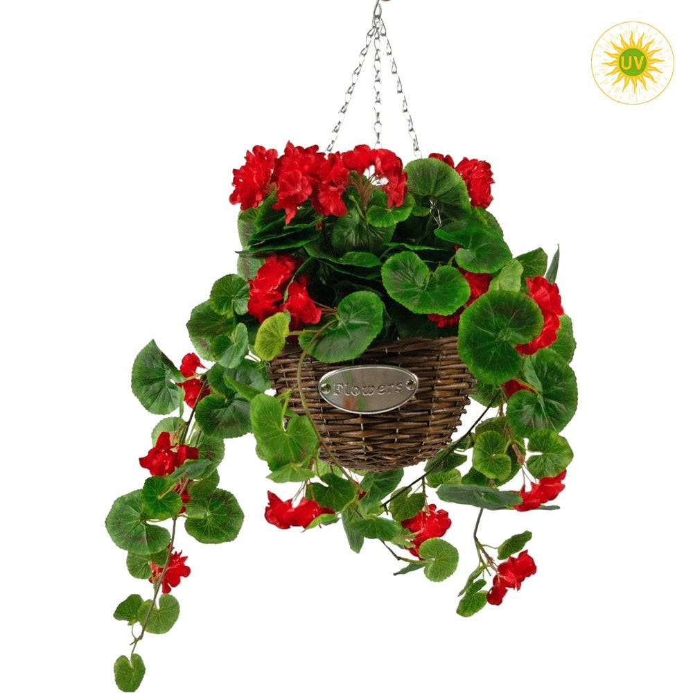 Piros virágú, UV-álló 70 cm hosszú függeszthető mű begónia bokor fonott kosárban