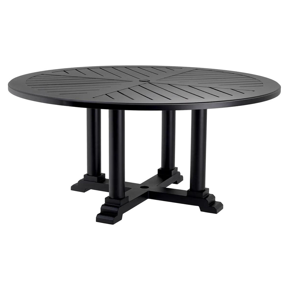 Matt fekete színű, porszórt alumíniumból készült, kerek formájú, formatervezett kerti design étkezőasztal.
