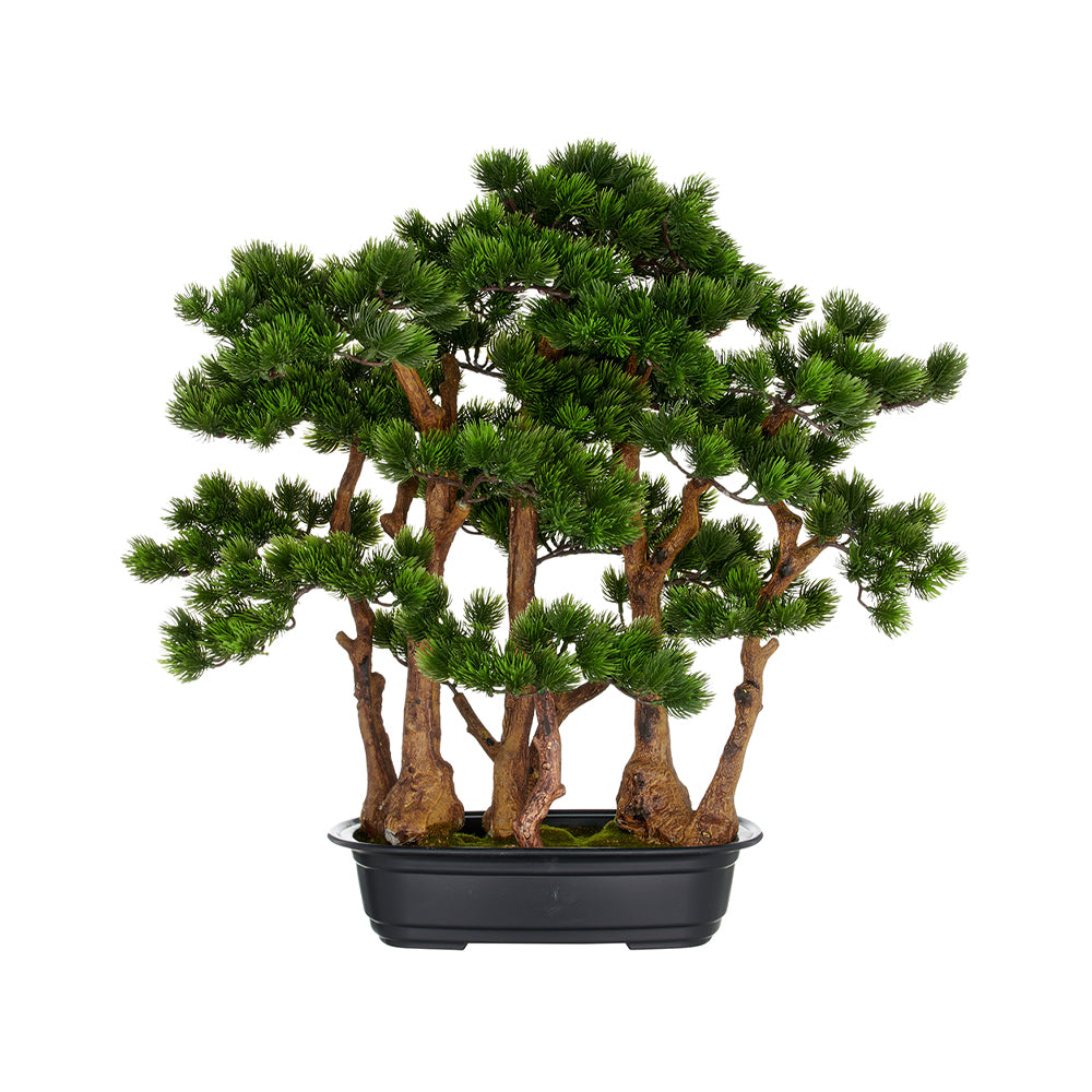 Zöld színű, mű fenyő bonsai fa, fekete színű műanyag cserépbe.