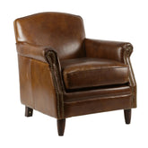 Vintage stílusú, dohánybarna bőrfotel a Normandie kollekcióból, ívelt karfákkal és réz szegecseléssel oldalnézetből.