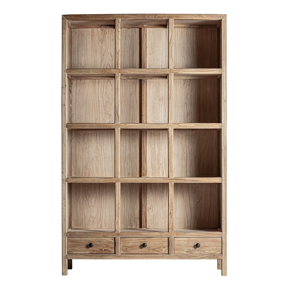 BRECEY natúr szilfa könyvszekrény elölnézetből, 12 rekesszel és 3 fiókkal
