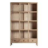 BRECEY natúr szilfa könyvszekrény elölnézetből, 12 rekesszel és 3 fiókkal