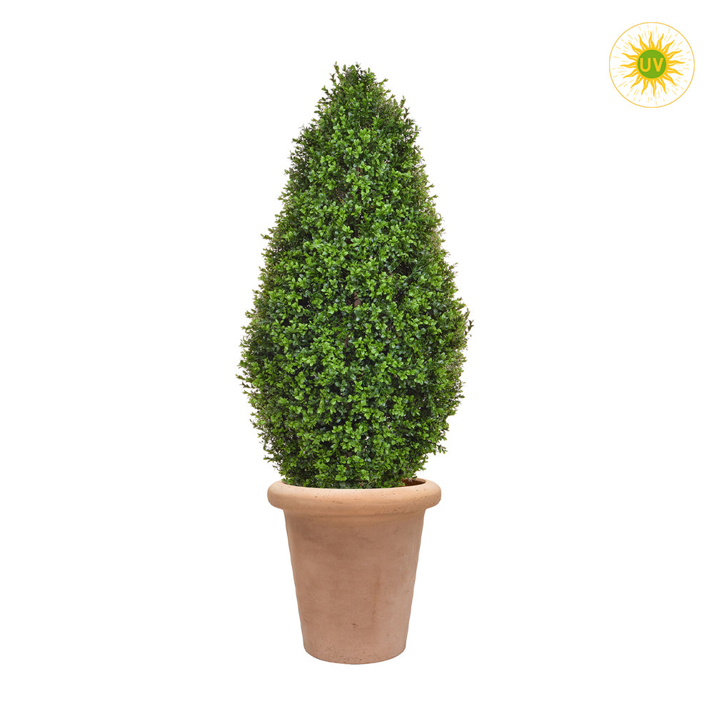 UV-álló mű buxus 130 cm terrakotta kaspóban, kúpos formájú, sűrű zöld lombozattal