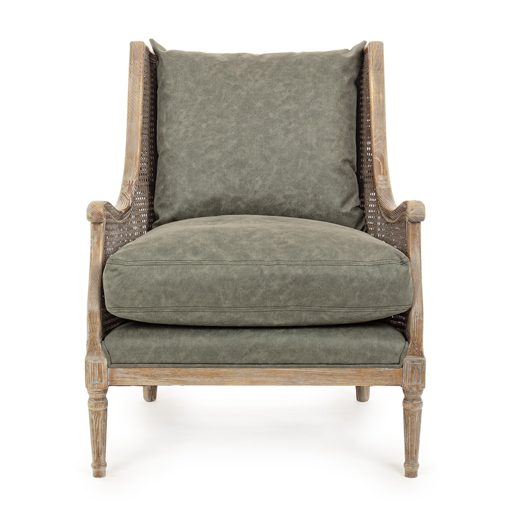 Carolina kőrisfa fotel rattan háttámlával és zöld párnákkal, klasszikus design.