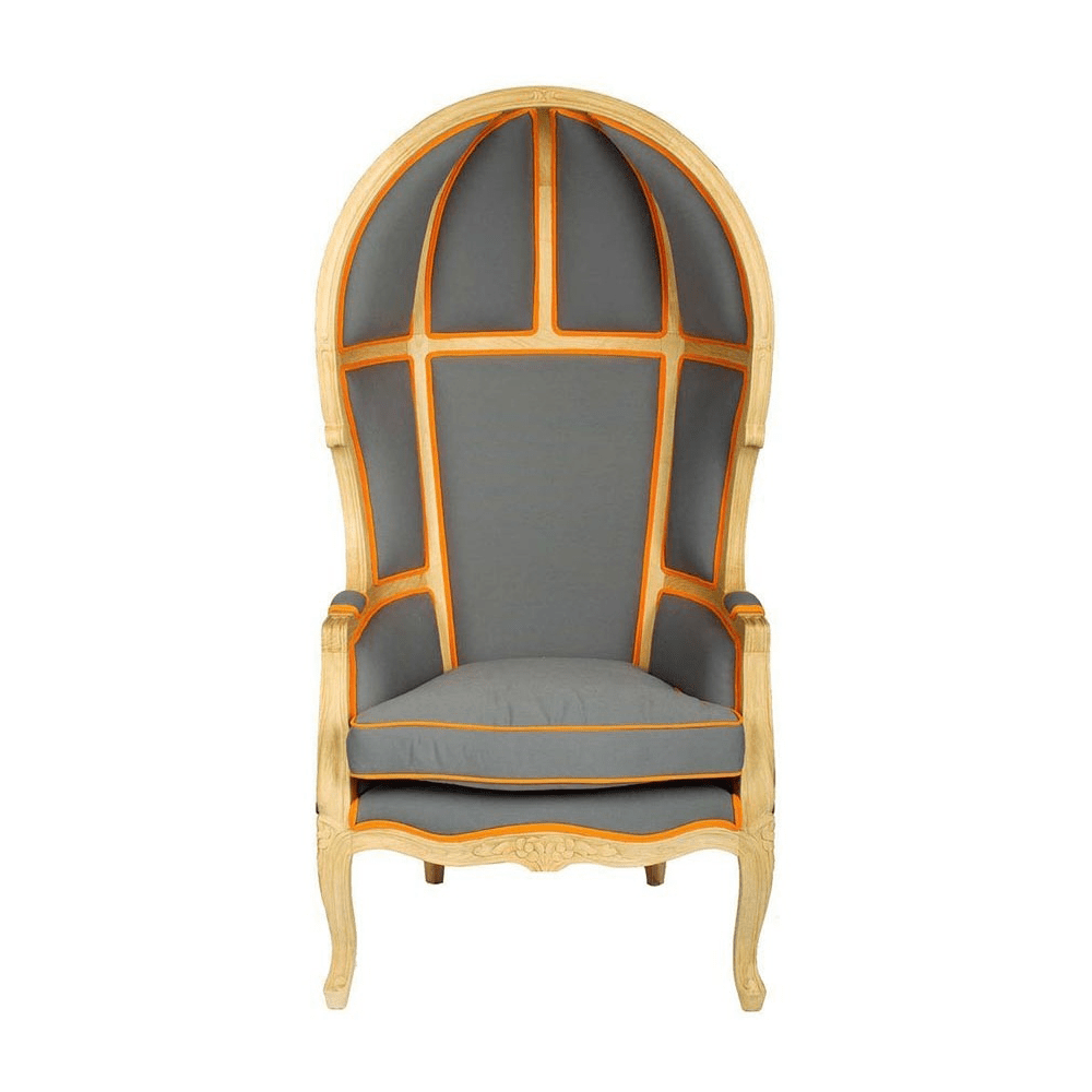 Szürke és narancssárga színű szövettel kárpitozott, kortárs stílusú design hintófotel.