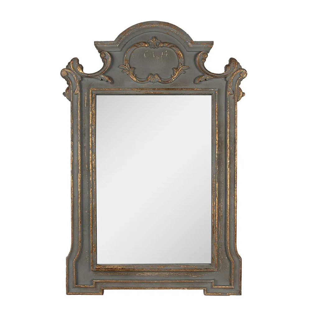 Antikolt, szürkészöld színű, faragott fa falitükör a Casa Roma kollekcióból, arany patinával díszítve.