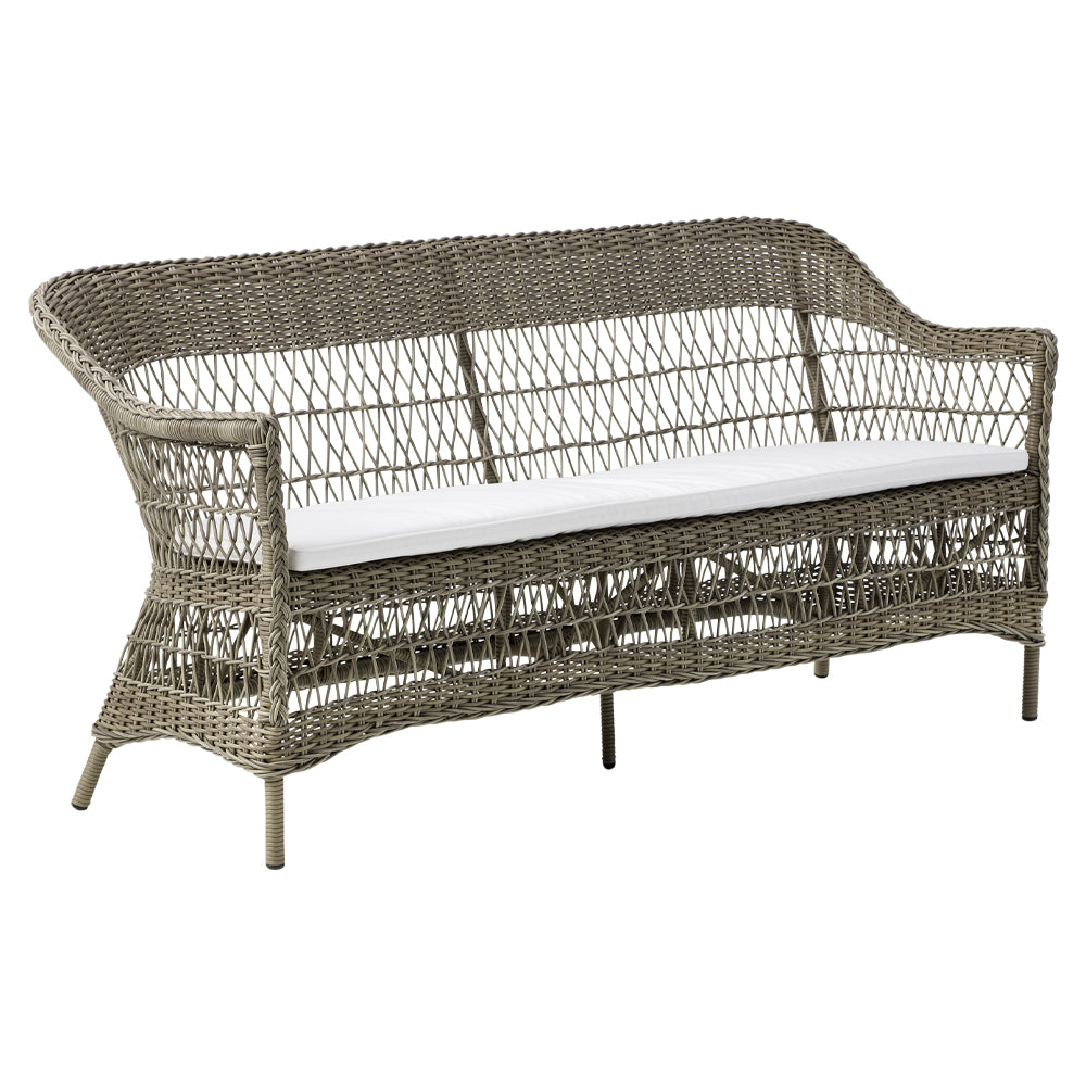 Antikszürke színű, 3 személyes műrattan kerti kanapé.