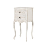 Törtfehér színű, gazdagon díszített, 2 fiókos kézműves éjjeliszekrény.