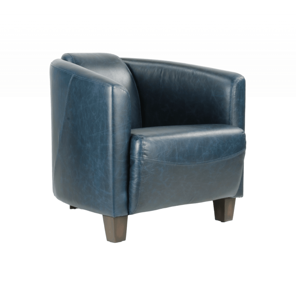 Kék színű valódi marhabőrrel kárpitozott kis méretű klubfotel.