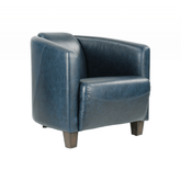 Kék színű valódi marhabőrrel kárpitozott kis méretű klubfotel.