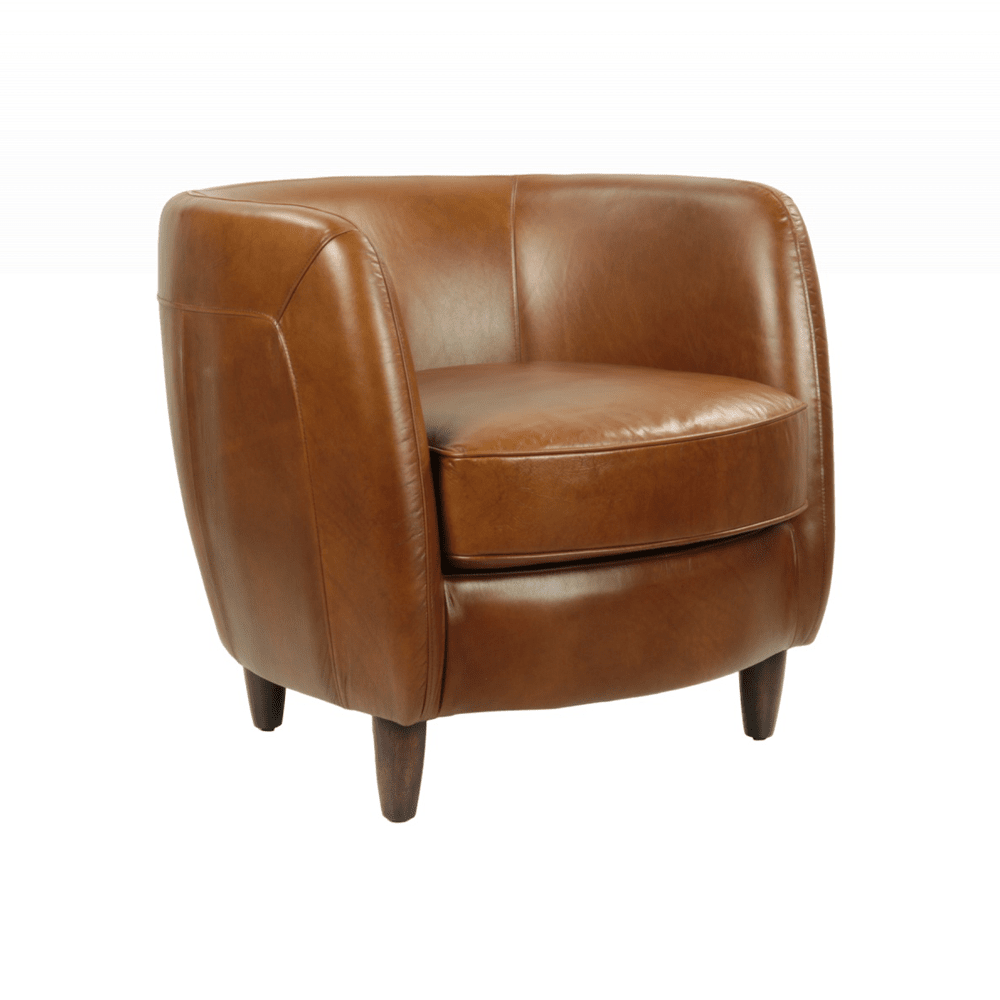 Club Roly vintage klubfotel dohányszínű Havana marhabőrrel, ferde előlnézetből