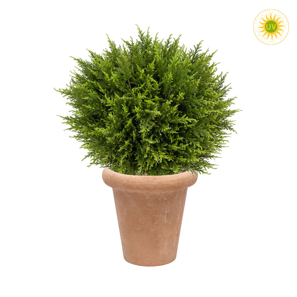 UV-álló mű gömb ciprus terrakotta kaspóban 60 cm, élethű zöld dekor növény