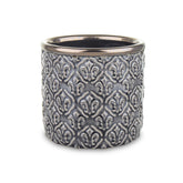 Szürke, dombormintás kerámia kaspó antikolt arany peremmel – elölnézeti kép