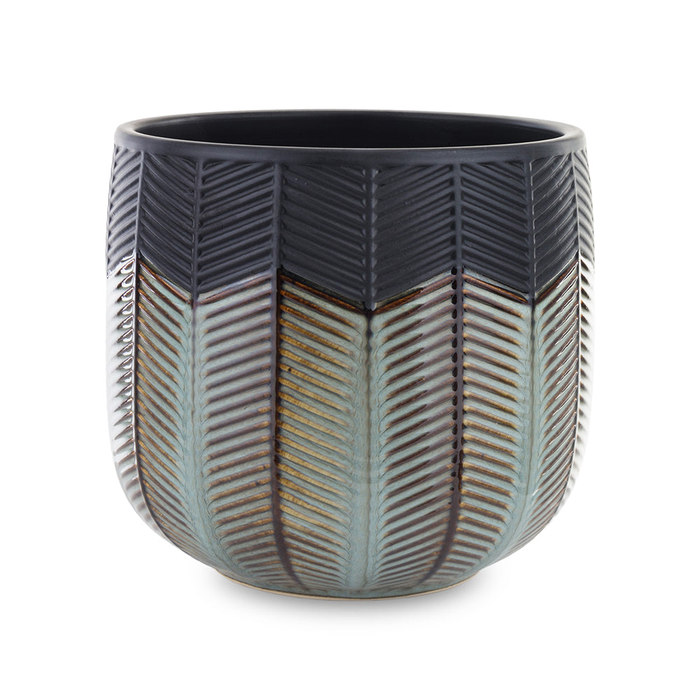 Modern fekete és türkiz színű, dombormintás kerámia kaspó 18 cm átmérővel és aranyszínű részletekkel, Dalia kollekció