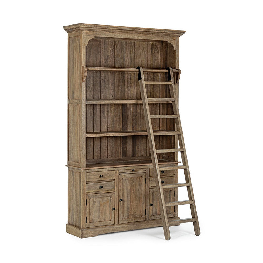 Klasszikus stílusú, létrával ellátott, mangófából készült könyvszekrény.