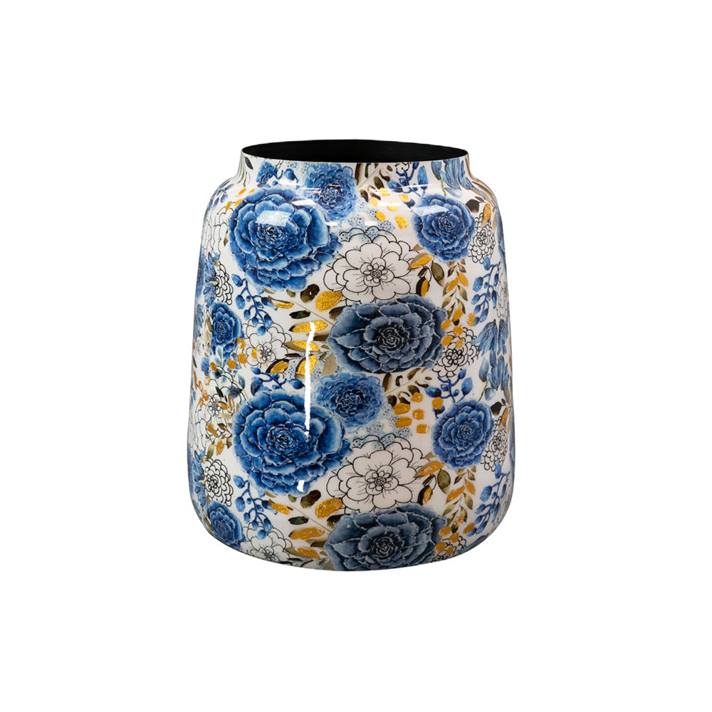 Kézzel festett Dutch Blue design kaspó Ø 21 × 24 cm-es méretben, kék-fehér-arany akvarell virágmintával, magasfényű fém felülettel.